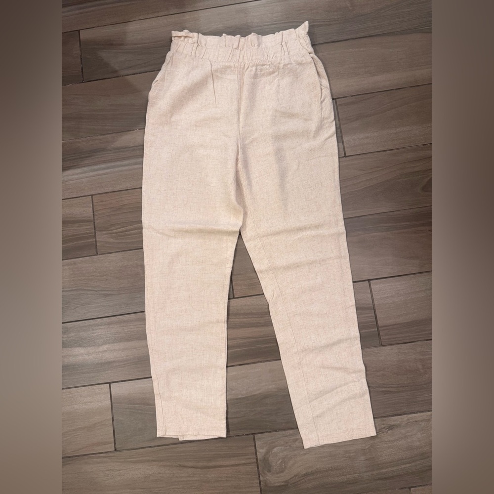 Beige Linen Paperbag Waist Pants